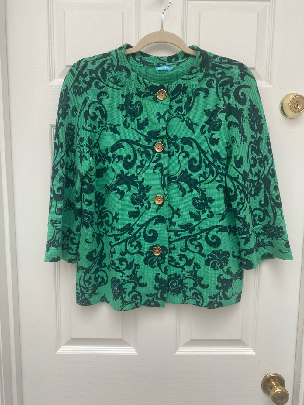 J. McLaughlin Green & Navy Damask 3/4 Sleeve Button-Front Heavy Knit Cardigan- M